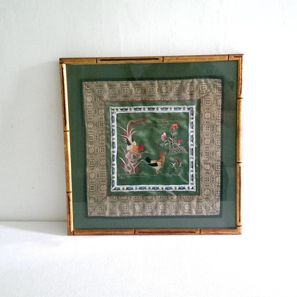 Embroidered Hen and Rooster on Silk Asian Textile